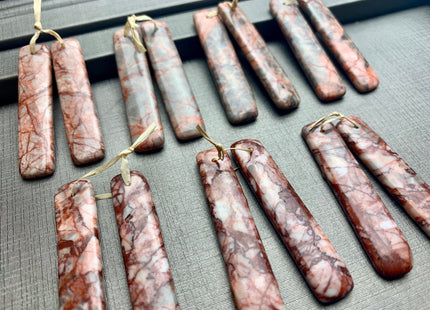 One Pair 10x47mm Natural Blood Vein Jasper Top Drilled Teardrop Cabochon Long Rectangle Matching Red Jasper Gemstone Earring Pendant #3320-A