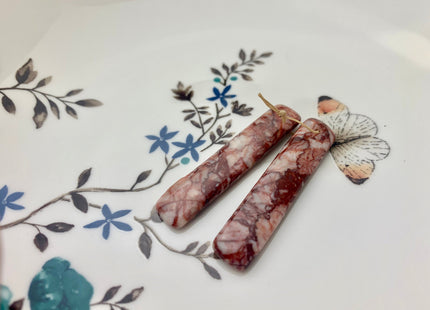 One Pair 10x47mm Natural Blood Vein Jasper Top Drilled Teardrop Cabochon Long Rectangle Matching Red Jasper Gemstone Earring Pendant #3320-A