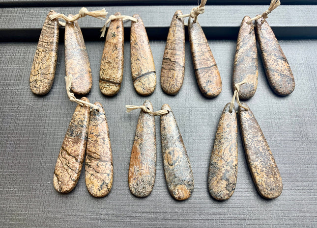One Pair 12x45 mm Natural Picture Jasper Top Drilled Teardrop Cabochon Long Teardrop Matching Earthy Brown Gemstone Earring Pendant #3318-B