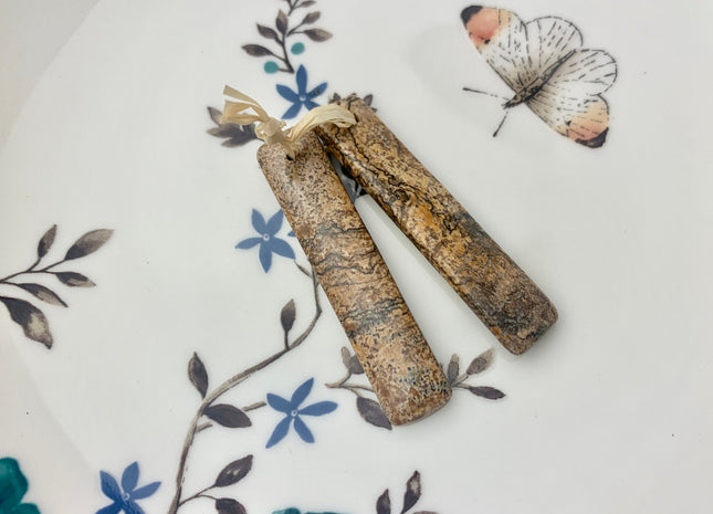 One Pair 10x48 mm Natural Picture Jasper Top Drilled Teardrop Cabochon Long Rectangle Matching Brown Jasper Gemstone Earring Pendant #3318-A