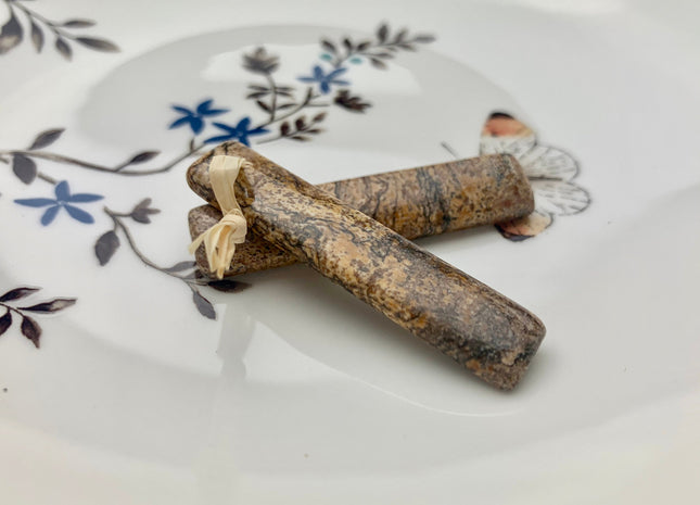 One Pair 10x48 mm Natural Picture Jasper Top Drilled Teardrop Cabochon Long Rectangle Matching Brown Jasper Gemstone Earring Pendant #3318-A