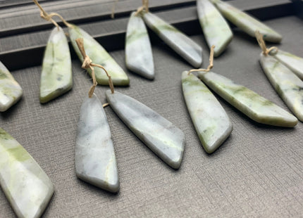 One Pair 12x43 mm Natural Serpentine Jade Top Drilled Freeform Cabochon Long Drop Matching Gray Green Jade Gemstone Earring Pendant #3315-B