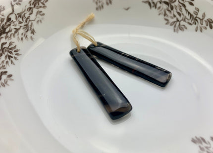 One Pair 10x48 mm Natural Black Lace Obsidian Top Drilled Teardrop Cabochon Long Rectangle Matching Black Gemstone Earring Pendant #3313