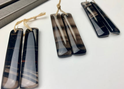 One Pair 10x48 mm Natural Black Lace Obsidian Top Drilled Teardrop Cabochon Long Rectangle Matching Black Gemstone Earring Pendant #3313