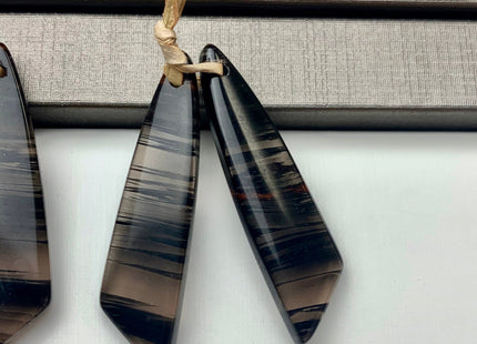 One Pair 12x43 mm Natural Black Lace Obsidian Top Drilled Freeform Cabochon Long Drop Matching Black Obsidian Gemstone Earring Pendant #3312