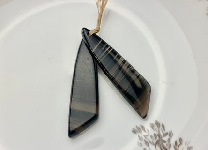 One Pair 12x43 mm Natural Black Lace Obsidian Top Drilled Freeform Cabochon Long Drop Matching Black Obsidian Gemstone Earring Pendant #3312