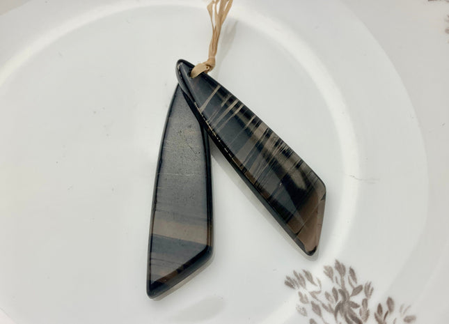 One Pair 12x43 mm Natural Black Lace Obsidian Top Drilled Freeform Cabochon Long Drop Matching Black Obsidian Gemstone Earring Pendant #3312