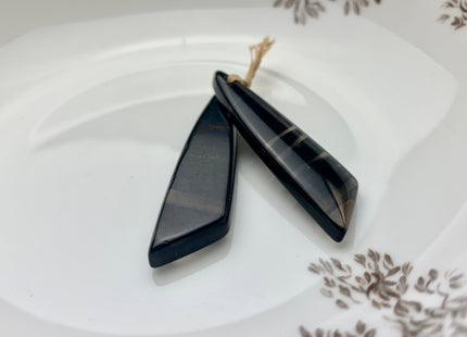 One Pair 12x43 mm Natural Black Lace Obsidian Top Drilled Freeform Cabochon Long Drop Matching Black Obsidian Gemstone Earring Pendant #3312