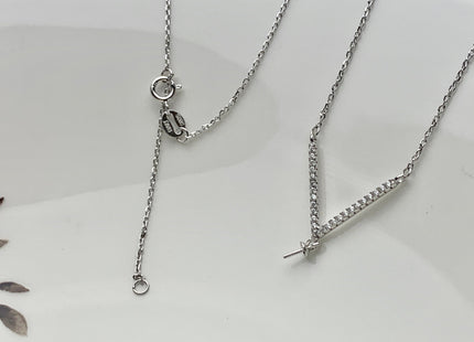 925 Sterling Silver/Gold Necklace Chain With V Shape Design Pendant W/CZ Setting Finding For Half Drilled Pearl DIY Jewelry Necklace #10094