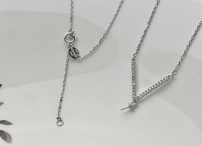 925 Sterling Silver/Gold Necklace Chain With V Shape Design Pendant W/CZ Setting Finding For Half Drilled Pearl DIY Jewelry Necklace #10094