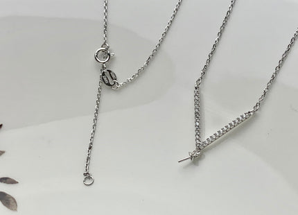 925 Sterling Silver/Gold Necklace Chain With V Shape Design Pendant W/CZ Setting Finding For Half Drilled Pearl DIY Jewelry Necklace #10094