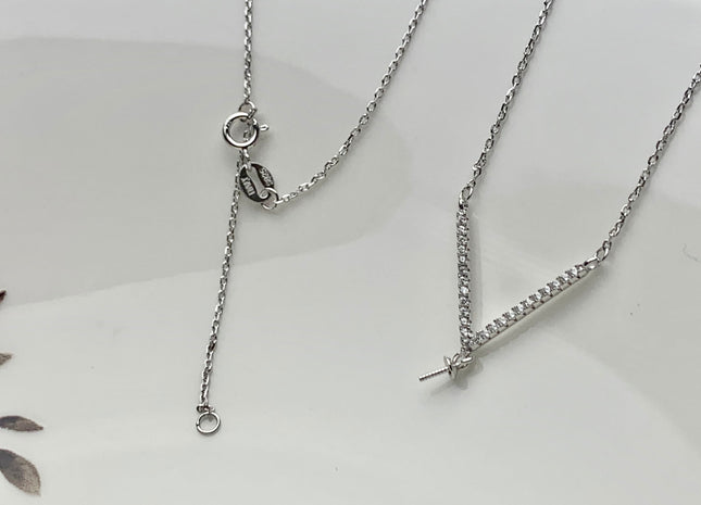 925 Sterling Silver/Gold Necklace Chain With V Shape Design Pendant W/CZ Setting Finding For Half Drilled Pearl DIY Jewelry Necklace #10094