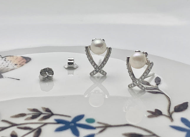 One Pair 925 Sterling Silver X Shape Studs Earring Setting Genuine 925 Sterling Silver Earring Stud Findings For Half Drilled Pearls #10097