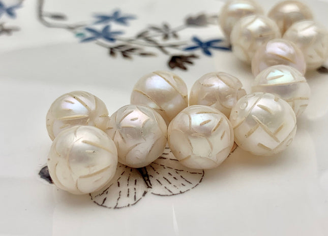 ONE Piece AAAA 9.5 mm Hand Carved Flower Bead Natural White UnDrilled Perfect Round Freshwater Pearl For Earring Pendant DIY Jewelry #P1258