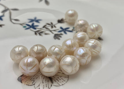 ONE Piece AAAA 9.5 mm Hand Carved Flower Bead Natural White UnDrilled Perfect Round Freshwater Pearl For Earring Pendant DIY Jewelry #P1258