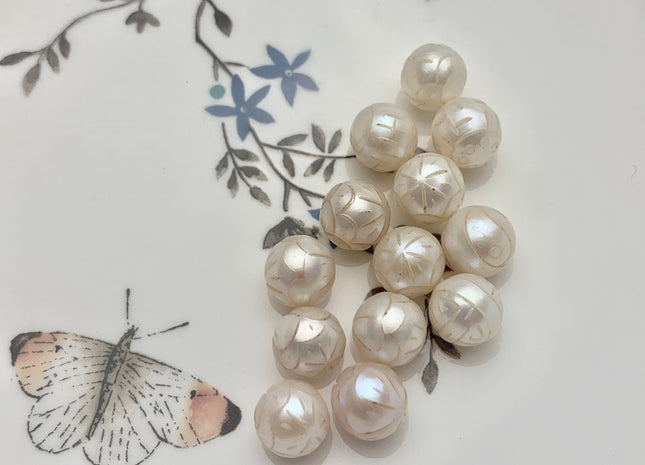 ONE Piece AAAA 9.5 mm Hand Carved Flower Bead Natural White UnDrilled Perfect Round Freshwater Pearl For Earring Pendant DIY Jewelry #P1258