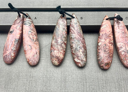 One Pair 12x45 mm Natural Pink Leopard Skin Jasper Top Drilled Teardrop Cabochon Long Teardrop Matching Pink Gemstone Earring Pendant #3331