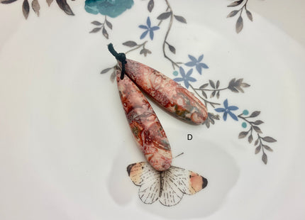 One Pair 12x45 mm Natural Pink Leopard Skin Jasper Top Drilled Teardrop Cabochon Long Teardrop Matching Pink Gemstone Earring Pendant #3331