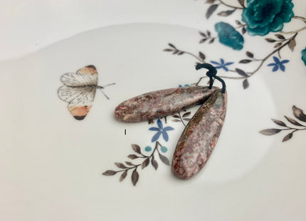 One Pair 12x45 mm Natural Pink Leopard Skin Jasper Top Drilled Teardrop Cabochon Long Teardrop Matching Pink Gemstone Earring Pendant #3331