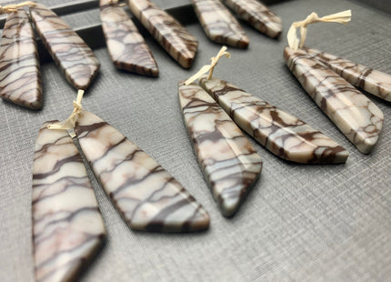 One Pair 12x45 mm Natural Zebra Jasper Top Drilled Freeform Cabochon Long Drop Matching Beige Brown Jasper Gemstone Earring Pendant #3326