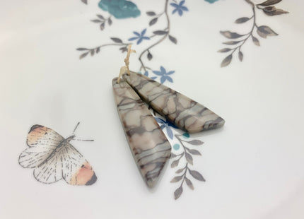 One Pair 12x45 mm Natural Zebra Jasper Top Drilled Freeform Cabochon Long Drop Matching Beige Brown Jasper Gemstone Earring Pendant #3326