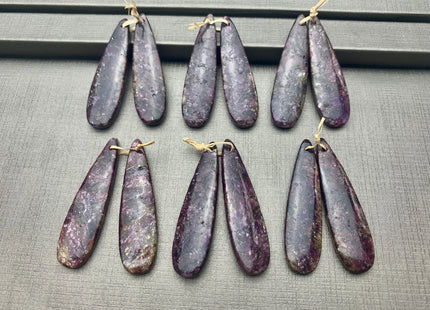 One Pair 12x45 mm Natural Lepidolite Top Drilled Teardrop Cabochon Long Teardrop Matching Purple Lepidolite Gemstone Earring Pendant #3327-B