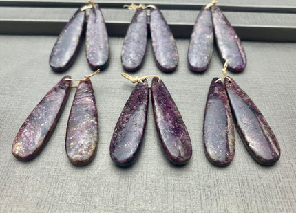 One Pair 12x45 mm Natural Lepidolite Top Drilled Teardrop Cabochon Long Teardrop Matching Purple Lepidolite Gemstone Earring Pendant #3327-B