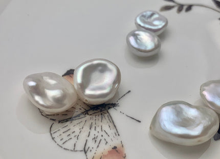 One Pair 8-15mm AAAA Natural White Flat Keshi Freshwater Pearl Half Drilled Matching Earring Very Rare High Luster Cornflake Pearls #1343