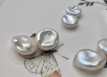 One Pair 8-15mm AAAA Natural White Flat Keshi Freshwater Pearl Half Drilled Matching Earring Very Rare High Luster Cornflake Pearls #1343