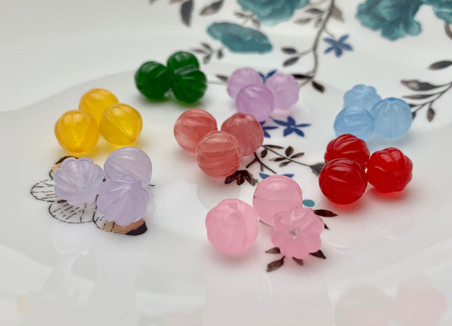3 Pieces 10 mm Carved Flower Pink Yellow Blue Green Jade Gemstone Beads Genuine Carved Watermelon Shape Colored Jade Beads #3512