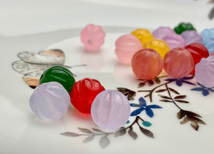 3 Pieces 10 mm Carved Flower Pink Yellow Blue Green Jade Gemstone Beads Genuine Carved Watermelon Shape Colored Jade Beads #3512