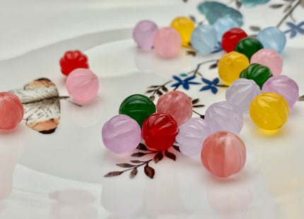 3 Pieces 10 mm Carved Flower Pink Yellow Blue Green Jade Gemstone Beads Genuine Carved Watermelon Shape Colored Jade Beads #3512
