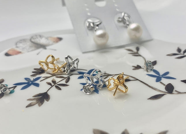 One Pair 925 Sterling Silver/Gold Earring Setting Genuine 925 Sterling Silver Heart Shape Studs Findings For Half Drilled Pearls #10084