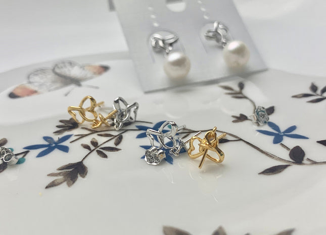 One Pair 925 Sterling Silver/Gold Earring Setting Genuine 925 Sterling Silver Heart Shape Studs Findings For Half Drilled Pearls #10084