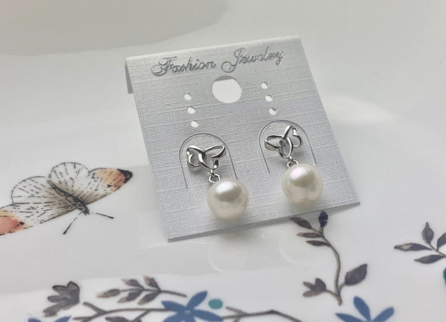 One Pair 7.5 mm AAA Natural white Round Edison Pearl Earring Studs W/925 Sterling Silver Heart Shape Design Earrings Bridal Jewelry #10084-B