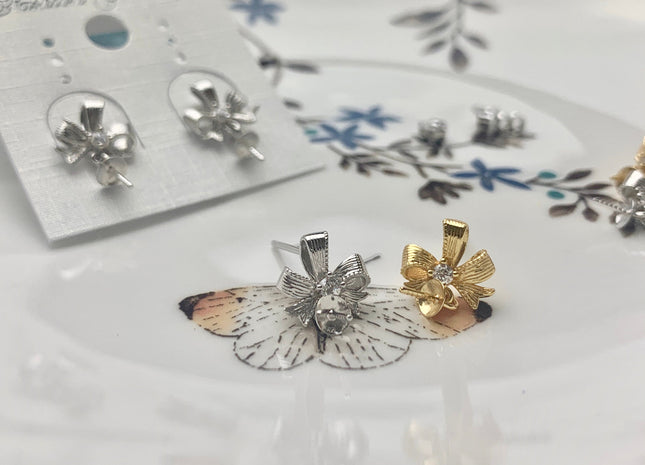 One Pair 925 Sterling Silver/Gold Earring Setting Genuine 925 Sterling Silver Ribbon Bow Tie Shape Findings For Half Drilled Pearls #10085