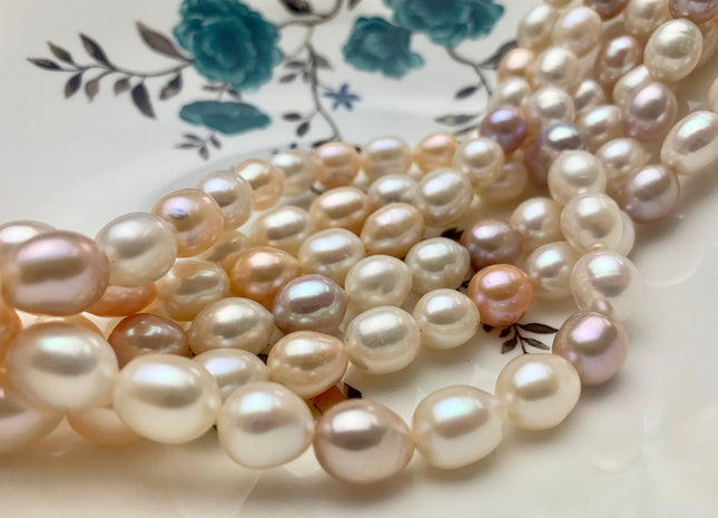 10-11x12-14 mm AAA Natural Mixed White Pink Mauve Rice Oval Shape Freshwater Pearl Beads Genuine Smooth And Shiny Pearls 34 Pieces #P1168