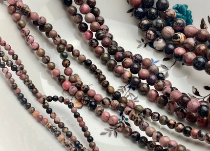 4mm 6mm 8mm 10mm 12mm Smooth Round Black And Pink Rhodonite Gemstone Genuine Mixed Black Pink Matrix Rhodonite 15 Inches Strand #3538