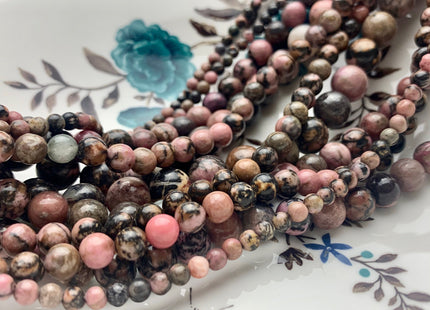 4mm 6mm 8mm 10mm 12mm Smooth Round Black And Pink Rhodonite Gemstone Genuine Mixed Black Pink Matrix Rhodonite 15 Inches Strand #3538