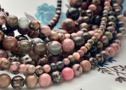 4mm 6mm 8mm 10mm 12mm Smooth Round Black And Pink Rhodonite Gemstone Genuine Mixed Black Pink Matrix Rhodonite 15 Inches Strand #3538