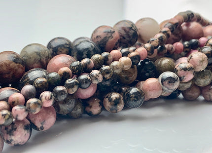 4mm 6mm 8mm 10mm 12mm Smooth Round Black And Pink Rhodonite Gemstone Genuine Mixed Black Pink Matrix Rhodonite 15 Inches Strand #3538