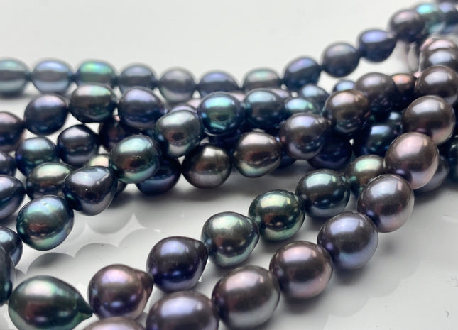 7-7.5x8-9 mm AAA Rainbow Peacock Color Oval/Rice Freshwater Pearls High Quality/Luster Blue Peacock Freshwater Pearls 51 Pieces #P1299