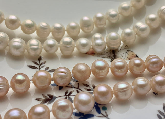 54 inches Knotted Necklaces made of 9mm Ringed Genuine Natural Freshwater Potato Pearls in Natural White Pink Color #72