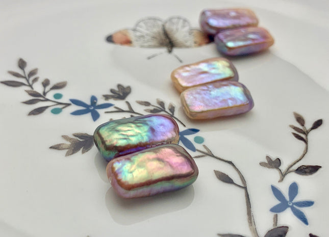 ONE Pair AAAAA 11x17-18mm Natural Mauve Pink High Luster Half Drilled Matching Rectangle Coin Pearl Earring Pendant Iridescent Color #P1303