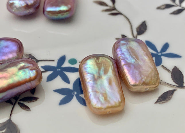 ONE Pair AAAAA 11x17-18mm Natural Mauve Pink High Luster Half Drilled Matching Rectangle Coin Pearl Earring Pendant Iridescent Color #P1303