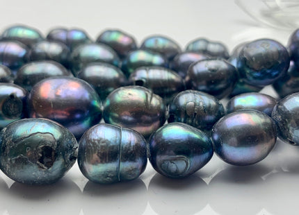 11.5x15-13-15x17mm Peacock Large Hole Half Strand Freshwater Rice/Oval Pearl Beads Hole Size 2.2mm Large Hole Pearl W/Ring 14 Pieces #P1309