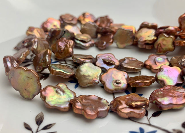 13-15 mm AAA Very Rare Orange Gold Copper Color Flower Shape Freshwater Coin Pearl Beads High Luster Flower Coin Pearl 28-31 Pieces #P1187