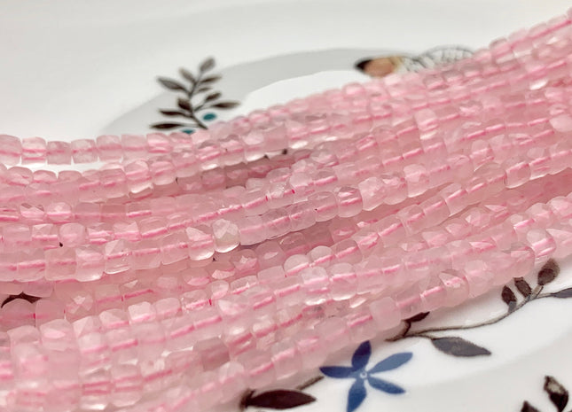 2 mm 4 mm Micro Faceted Cube Dice Square Shape Rose Quartz Genuine Diamond Cut Pink Gemstone Beads 15.5 Inches #3563