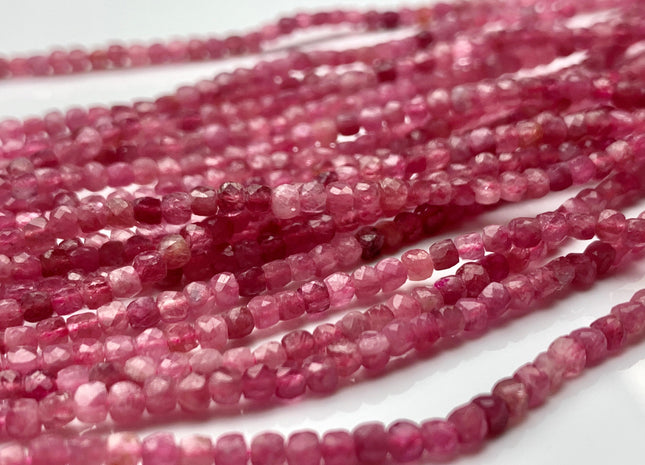 2.5-3 mm Micro Faceted Cube Dice Square Shape Pink Tourmaline Genuine Diamond Cut Pink Color Gemstone Beads 15.5 Inches 155 Pieces #3547
