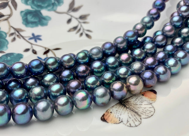 8.5-9 mm AAA Half/Full Strand Large Hole Round Blue Rainbow Peacock Freshwater Pearl Beads Hole Size 1.5mm Genuine Peacock Pearl #P1334